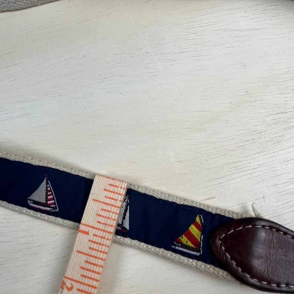 Nautical Sailboat Canvas Leather Belt Navy Solid Brass Buckle Size 34 preppy